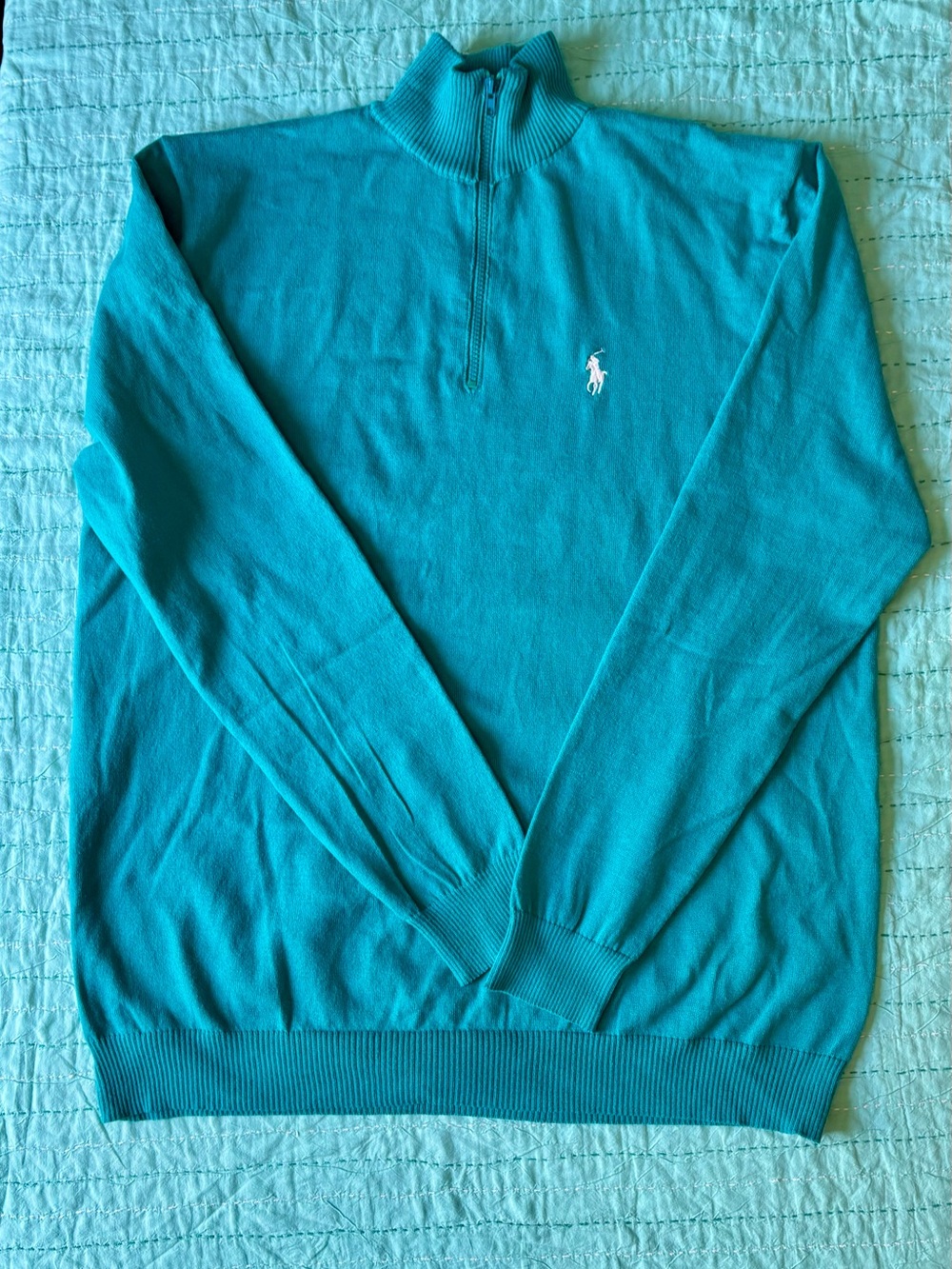 Ralph Lauren Teal Quarter-Zip Sweater with White Pony